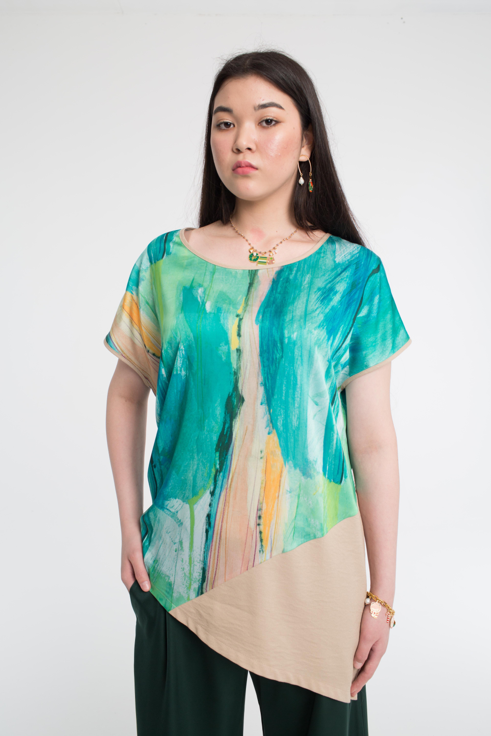 Блуза Акварель  комби зеленый плюс