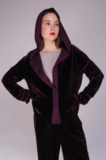 Жакет женский бархатный с капюшоном фиолетовый